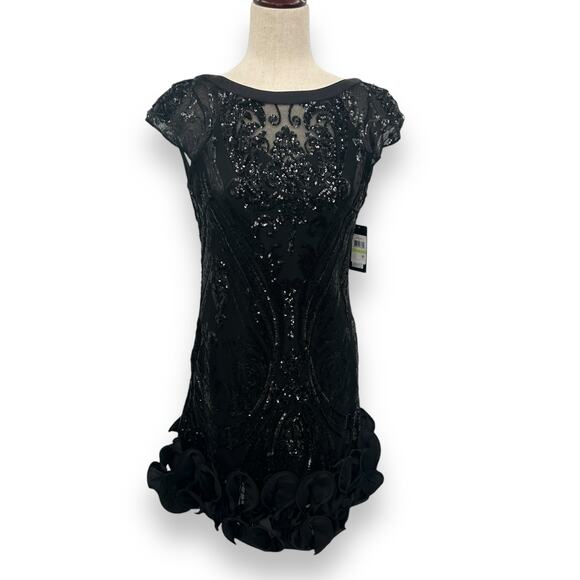 NEW Guess Black Sequin Cocktail Dress Size 4 Rosette Ruffle Mini Formal Hoco NWT - Picture 3 of 14